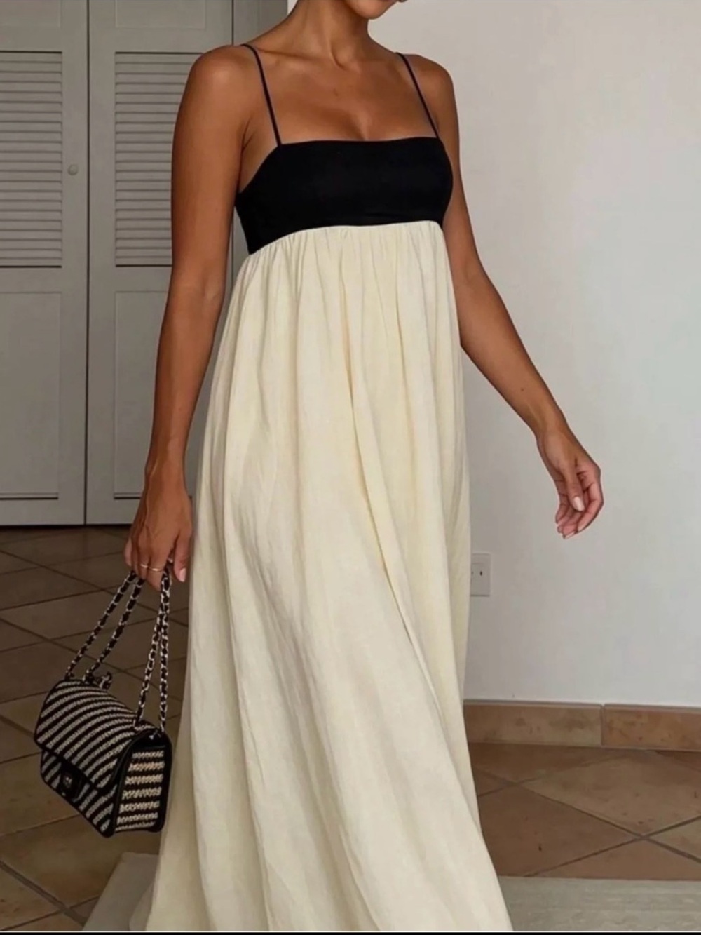 Black & Cream Spaghetti-Strap Maxi Dress